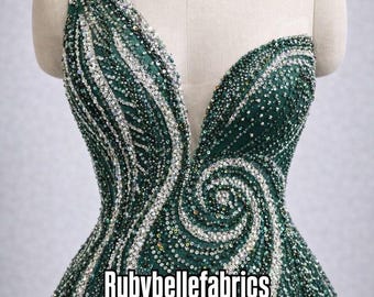 Emerald Beaded Lace Fabric: Heavy Sequin Tulle, Couture Gown Material