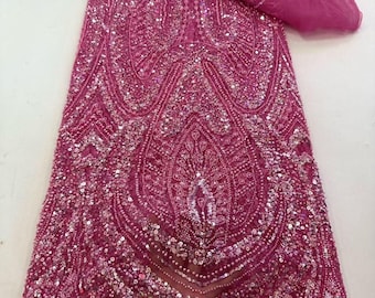 Fuschia Pink Hot Pink Beaded Lace Fabric | Sequin Tulle Couture Gown Material