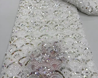 White Beaded Lace Fabric | Sequin Tulle Couture Gown Material
