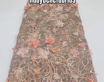 Peach Gold beaded 3D Floral Tulle Petal Fabric | Couture Sequin Evening Gown Material