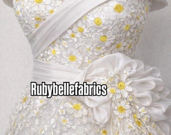 Pink White Yellow 3D Floral Lace Fabric, Embroidered Tulle Mesh, Dress Fabric