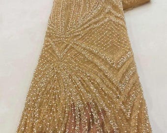 Champagne Gold Beaded Lace Fabric | Sequin Tulle Couture Gown Material