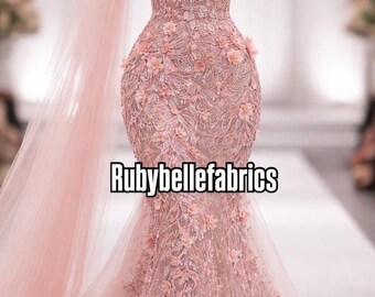 Blush Pink Beaded 3D Floral Tulle Petal Fabric | Couture Sequin Evening Gown Material
