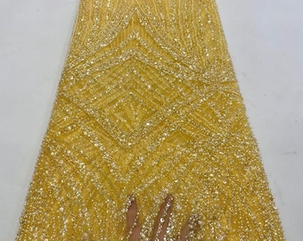 Yellow Beaded Lace Fabric – Luxury yellow Sequin Embroidery Couture Textile