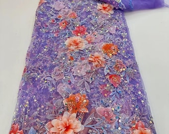 3D Lilac Beaded Sequin Fabric – Luxury Couture Lace on Soft Mesh Tulle