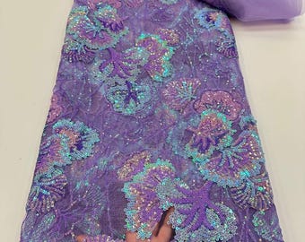Lilac Floral Beaded Sequin Fabric – Luxury Couture Lace on Soft Mesh Tulle