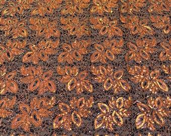 Burnt Orange Sequin Lace Fabric, Floral Beaded Organza Dress Material (5 Yards)