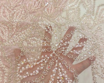 Blush Pink Beaded Sequin Tulle Fabric, Couture Embroidery Lace (1 Yard)