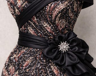 Black Beaded Sequin Lace Fabric, Floral Embroidered Mesh Tulle, Dress Fabric