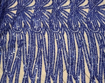 Royal Blue Sequin Lace Fabric, Emerald Green Beaded Tulle, Sparkly Dress Material