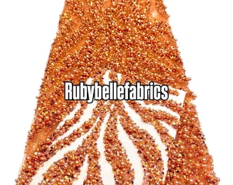 Orange Luxury beaded sequin lace fabric, sparkly sequin mesh fabric, same day shipping mesh tulle fabric, sparkly beaded fabric by the yard