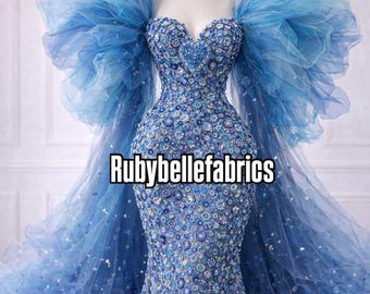 Light Blue  beaded floral sequin lace fabric, sparkly sequin mesh fabric, dress fabric, mesh tulle fabric, sparkly beaded fabric by the yard