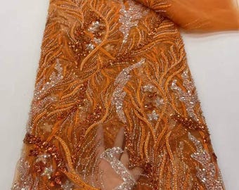 Orange white Sequin Lace Fabric: Sparkly Tulle Mesh, 4 Yards