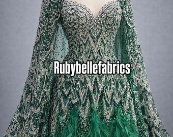3D Emerald Beaded Feather Lace Fabric: Heavy Sequin Tulle, Couture Gown Material