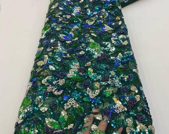 Green Sequin Lace Fabric – Multicolor Floral Couture Material