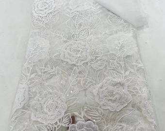 White Beaded 3D Lace Fabric | Sequin Tulle Couture Gown Material Next day delivery available