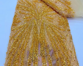 Luxury Gold Beaded Tulle Fabric | Hand-Embellished Evening Gown Material