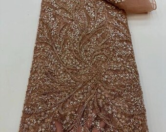 Nude Brown Beaded Sequin Lace Fabric – Embroidered French Tulle