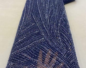 Navy Blue Beaded Lace Fabric | Sequin Tulle Couture Gown Material