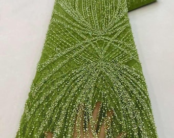 Green Beaded 3D Floral Tulle Fabric | Couture Sequin Evening Gown Material