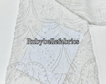 White Beaded Sequin Lace Fabric: Embroidered Tulle Bridal Wedding Dress Material 10 yards