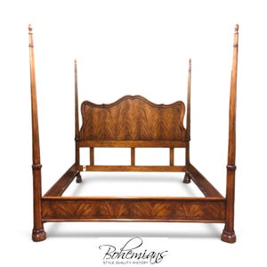 May include: A four-poster bed frame crafted from brown wood with a prominent grain pattern. The headboard features a curved top edge and a symmetrical veneer design. Four tall, slender posts rise from the corners. The text Bohemians Style Quality History is visible at the bottom.