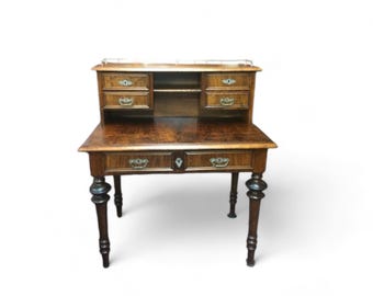Antique Burl Walnut Desk: English Writing Desk with Storage, 1850
