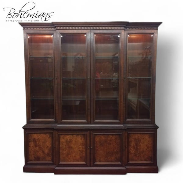 Vintage Hickory Furniture Breakfront: Two-Piece China Cabinet with Burled Walnut Doors