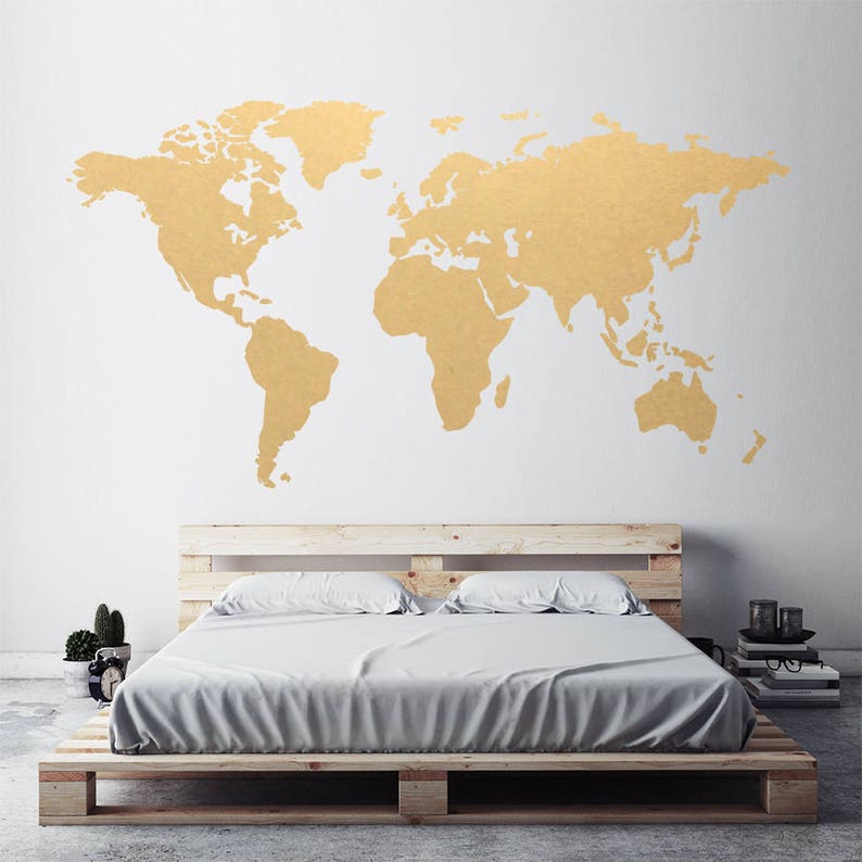 Gold World Map Wall Art Sticker Modern Room Decor Removable Etsy UK