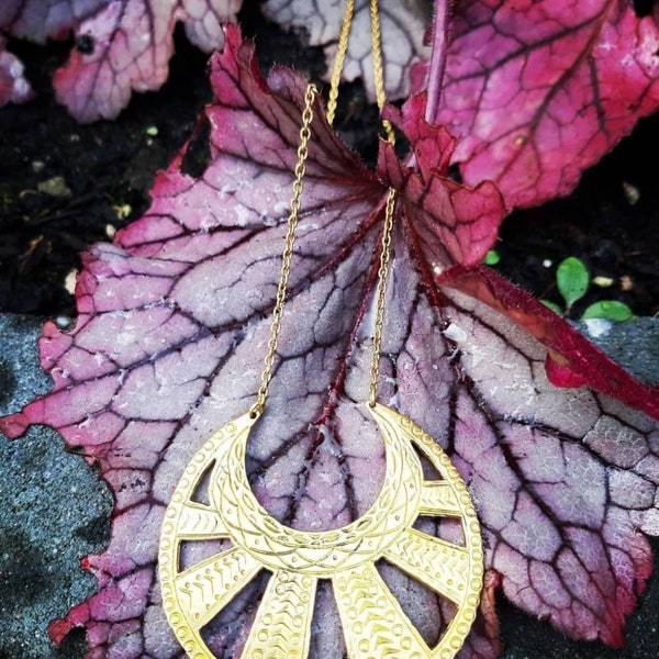 Moon brass pendant, long boho necklace, golden necklace