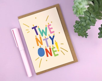 GOLD FOILED &#39;TWENTYONE!&#39; letter candles A6 21st birthday greetings card / 21st / twenty one / 21st card / 21st gift / for him / for her /fun