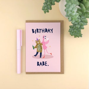 Geburtstagskind! Freundschaft Geburtstagskarte / Leopard / Flamingo / Mädchen Geburtstag / für Sie / illustriert / witzig / Bestie Party / Happy Birthday