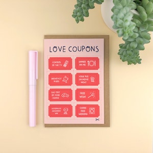 Love Coupons A6 greetings card / Love / anniversary / relationship / fun / cute / illustration / thoughtful / modern / interactive / modern