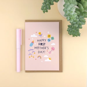 Fijne eerste moederdag! A6 wenskaart / nieuwe mama / geïllustreerd / modern / mama / schattig / bloemen / eigentijds / nieuwe mama / Zoe / mama