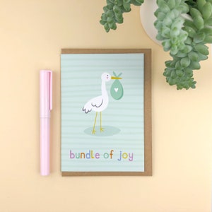 Geïllustreerde 'Bundle of Joy' Stork Nieuwe Babykaart / Genderneutraal / schattige babykaart / babyshowerkaart / nieuw babycadeau / voor jongen of meisje