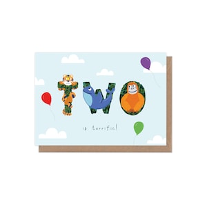 Cartão de felicitações de 2º aniversário Two is Terrific / aniversário infantil / cartão de aniversário infantil / cartão de idade / cartão de aniversário de marco / animais