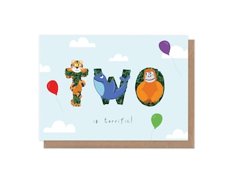 Dos es una excelente tarjeta de felicitación de 2a edad de cumpleaños / cumpleaños de los niños / tarjeta de cumpleaños de los niños / tarjeta de edad / tarjeta de cumpleaños de hito / animales