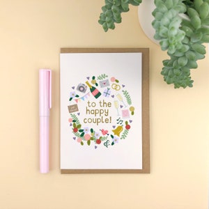 Auf zum Glücklichen Paar! Illustrierte A6 Hochzeitskarte. / Hochzeit / Glückwunsch / Verlobung / modern / Hochzeitstag / blumig / Liebe