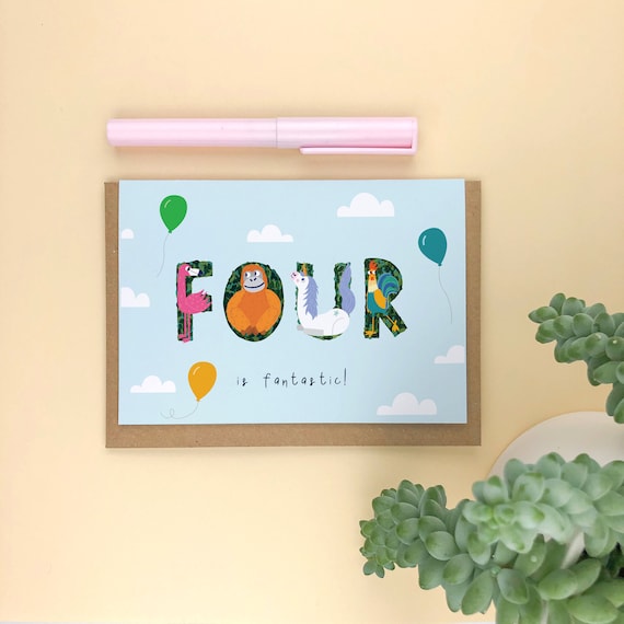 Four is Fantastic 4th Birthday Card. Children’s birthday card, kids age card, animals card,  4th birthday, 4 year old card
