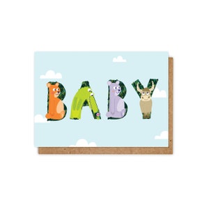 Tarjeta de felicitación A6 con alfabeto de animales para bebé recién nacido, Bebé recién nacido, Felicitaciones, Nueva mamá, Nuevo papá, Azul, Bonitas ilustraciones