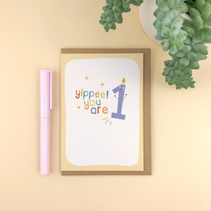 Yippee! Você tem 1 ano! Vela do primeiro aniversário Cartão infantil, cartão de idade infantil, cartão de personagem, 1º aniversário, cartão de 1 ano / para meninos e meninas