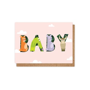 Animal Alphabet New Baby A6 Tarjeta de felicitación / felicitaciones / nuevo bebé / felicidades / nueva mamá / nuevo papá / rosa