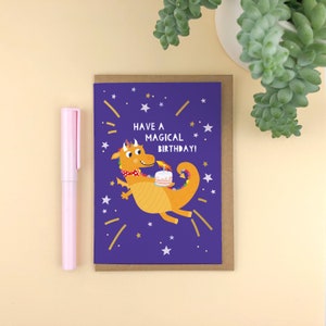 Tener un cumpleaños mágico A6 Tarjeta de cumpleaños infantil / cumpleaños de niños / dragón / lindo / ilustración / cumpleaños de niños / punny / negrita / niño niña