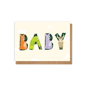 Carte de voeux pour bébé neutre alphabet animal / nouvelle maman / illustrations mignonnes / jaune / cadeau de baby shower / souvenir / neutre sexiste