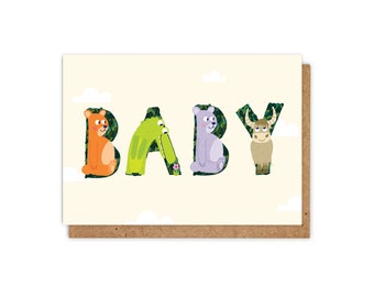 Animal Alphabet Neutral Baby Greetings Card / new mum / cute illustrations / yellow / baby shower gift / keepsake / gender neutral
