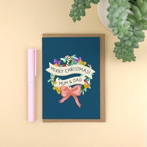 Couronne classique « Joyeux Noël, maman et papa ! carte de Noël illustrée / moderne / personnalisée / pour les parents / voeux de saison / d'amour