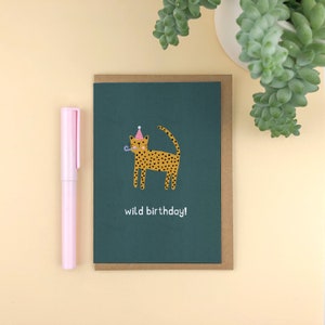 Wild Birthday Green Leopard party birthday card / A6 card / party animal / modern / pastel / danish pastel / scandi design illustration/ fun