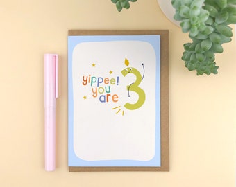 ¡Sip! ¡Tienes 3 años! Vela de 3.er cumpleaños Tarjeta infantil, Tarjeta de edad para niños, Tarjeta de personaje, Tercer cumpleaños, Tarjeta de 3 años/para niños y niñas