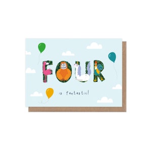 Puede incluir: Una tarjeta de cumplea&ntilde;os azul y blanca con la palabra "FOUR" escrita en letras grandes. Cada letra est&aacute; llena con una ilustraci&oacute;n de animal diferente. El texto "is fantastic!" est&aacute; escrito debajo de la palabra "FOUR".
