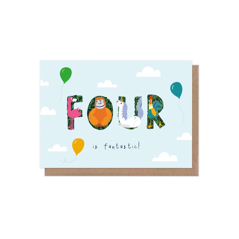 Puede incluir: Una tarjeta de cumplea&ntilde;os azul y blanca con la palabra "FOUR" escrita en letras grandes. Cada letra est&aacute; llena con una ilustraci&oacute;n de animal diferente. El texto "is fantastic!" est&aacute; escrito debajo de la palabra "FOUR".